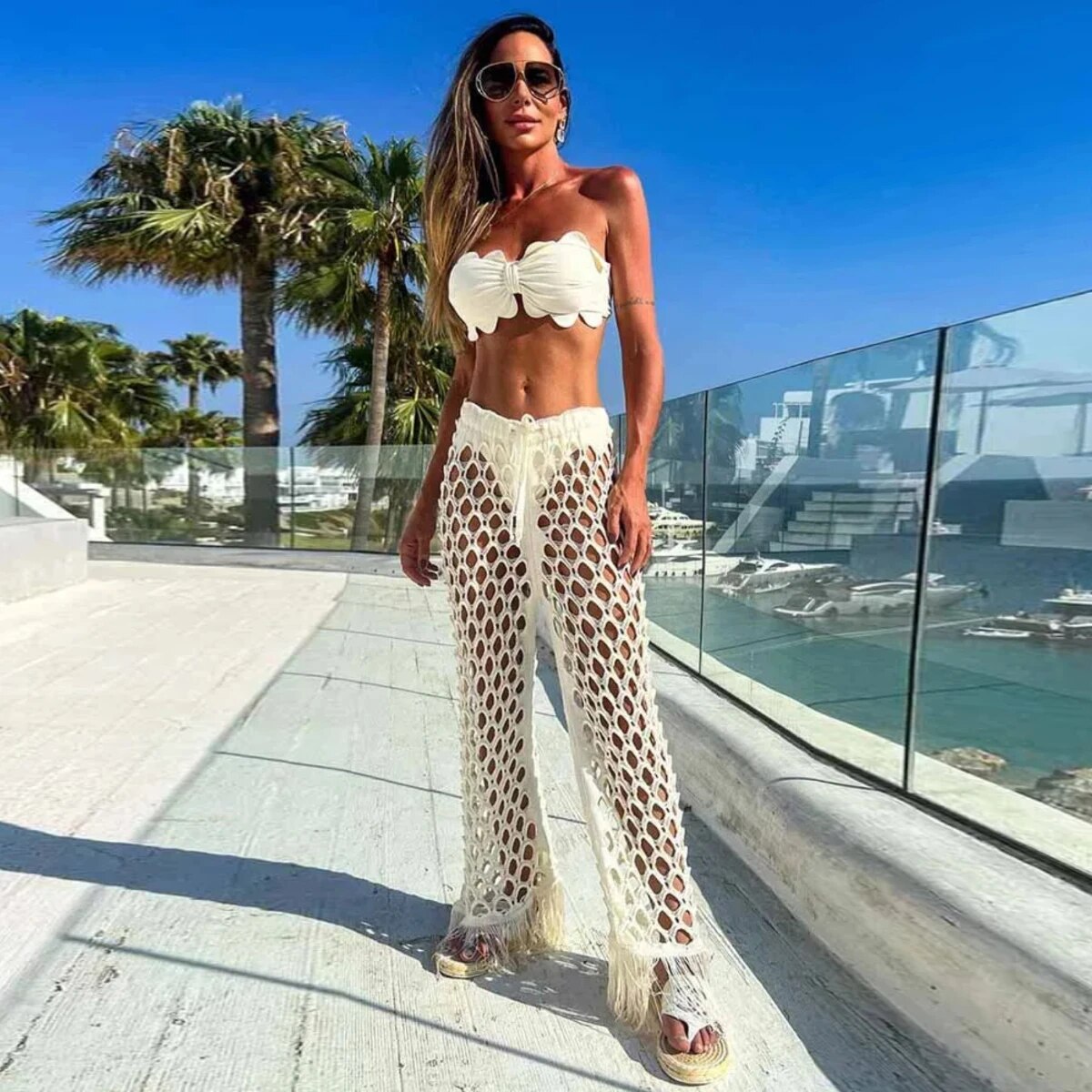 Maxct Black Sexy Women Two Piece Pant Set Tie Flowers Strapless Top Tassel High Split Pants Suit Beach Vacation Female Clothing