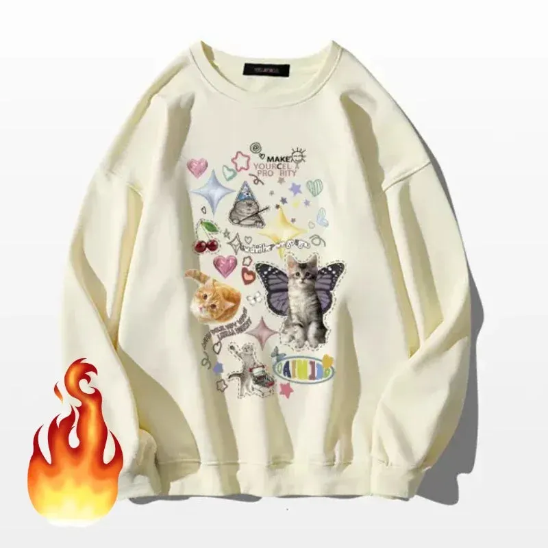 Maxct Kawaii Cat Print Hoodie Women Cutecore Long Sleeve Sweatshirt American Retro E-girl Kitten Angel Graphic Alt Clothes Y2k