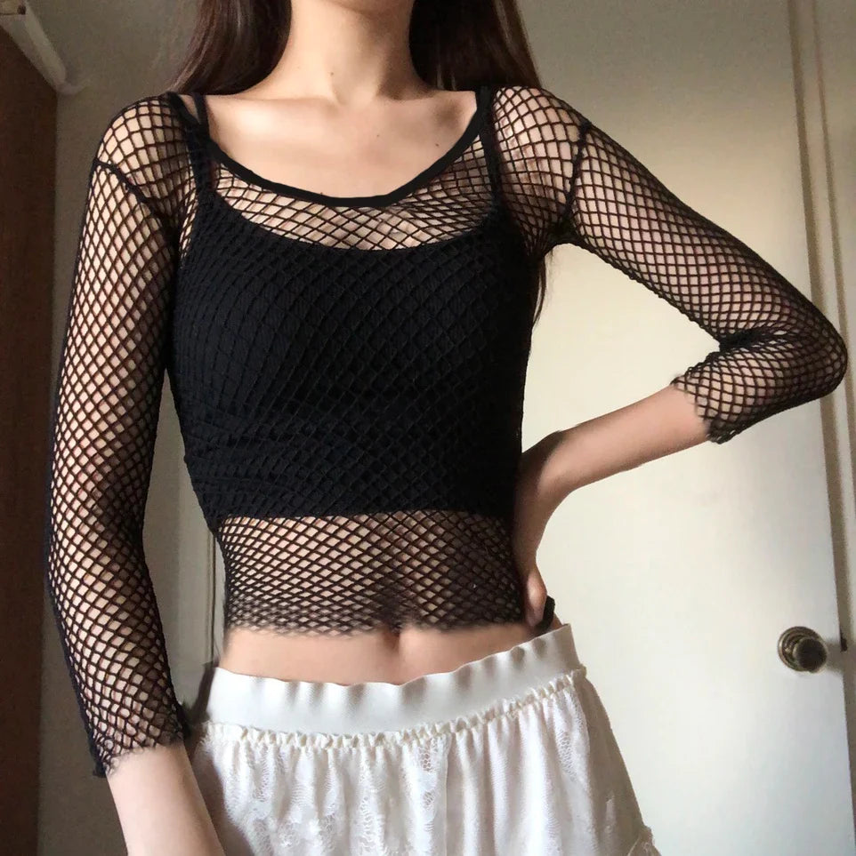 Maxct Harajuku Hollow Out See Through Crop Top Gothic Fishnet Mesh T-Shirts Grunge Mall Goth Women Summer Beach Cover-ups