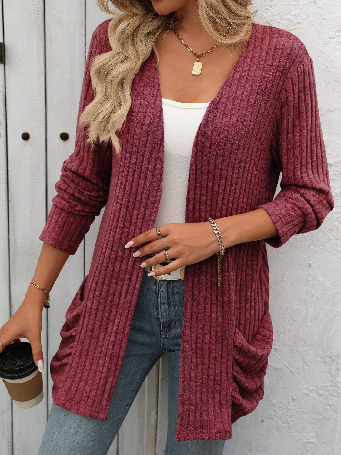 Maxct &Open Front Long Sleeve Ribbed Cardigan