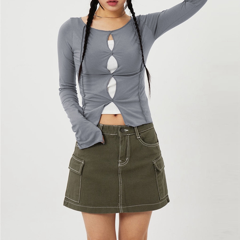 Korean Mall Goth Crop Tops Harajuku Grunge Front Hollow Out T-shirt Gothic Long Sleeve Slim Fit Tees 00s Retro Clothes