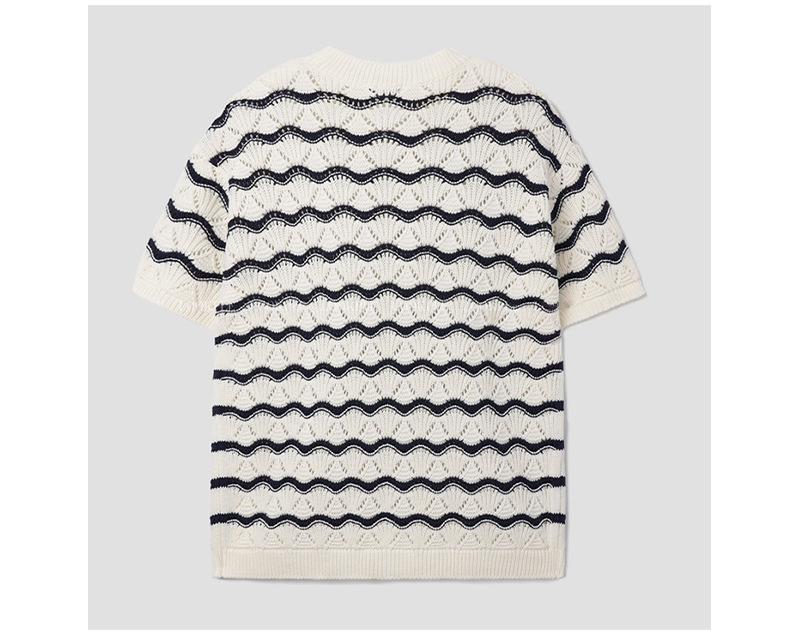 Maxct 90s Streetwear Men's T-shirt Short-sleeved Summer Trendy Brand High-grade Sense Heavy Industry Hollow Knitted Sweater Jacquard Wave Striped T-shirt Top