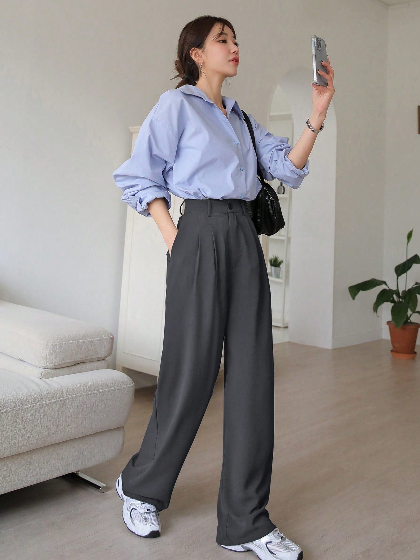 Maxct Women's Solid Color Pleated Wide Leg Suit Pants For Casual Work