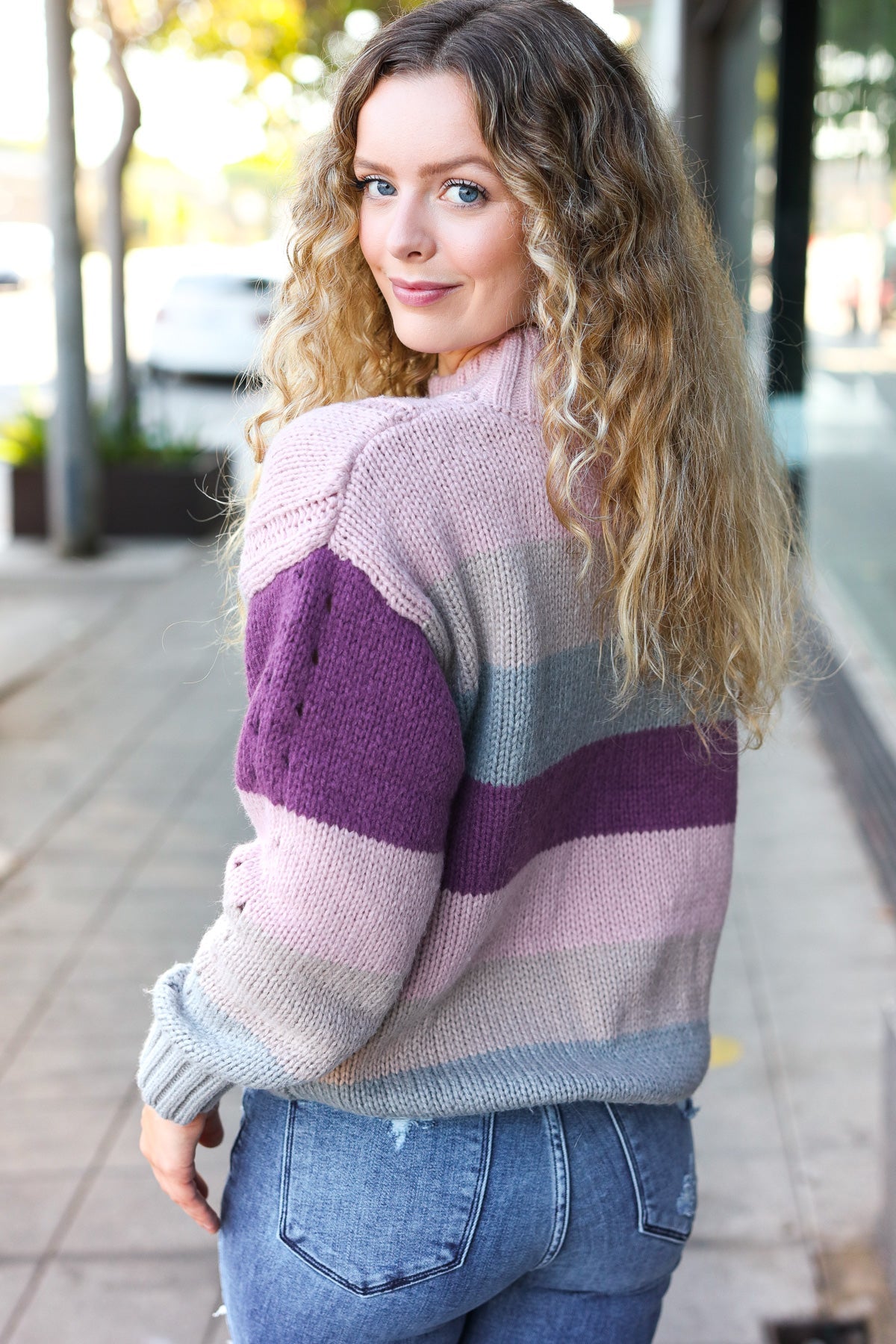 Maxct &Fall For You Mauve Multicolor Stripe Cable Knit Mock Neck Sweater