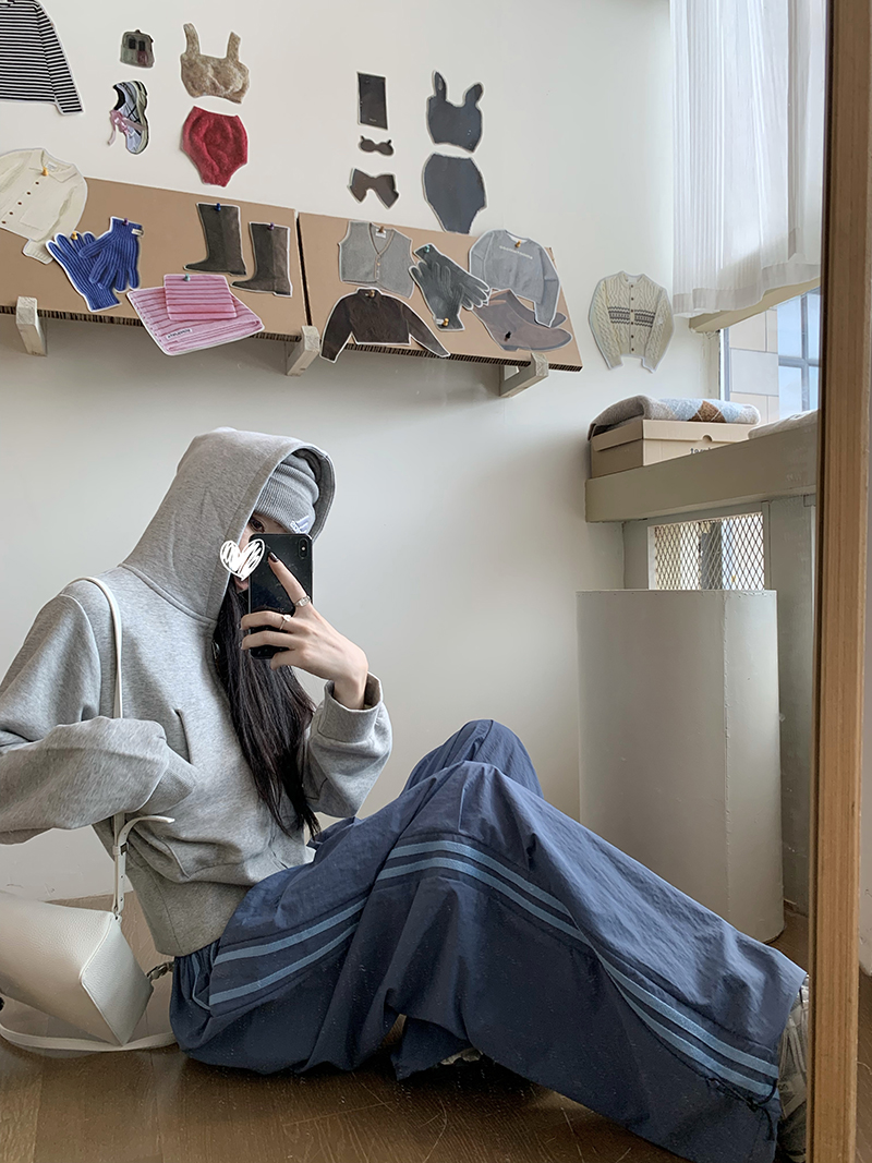 Grey Cropped Hoodies Zip Up Long Sleeve Sweatshirt Cardigan Oversized Autumn Fashion Wide Leg Track Pants Two Piece Sets