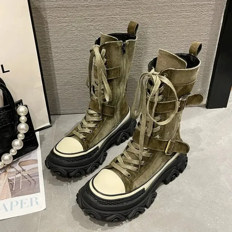 Mid Calf Length Boots - Leather Motorcycle Style for Women Maxct
