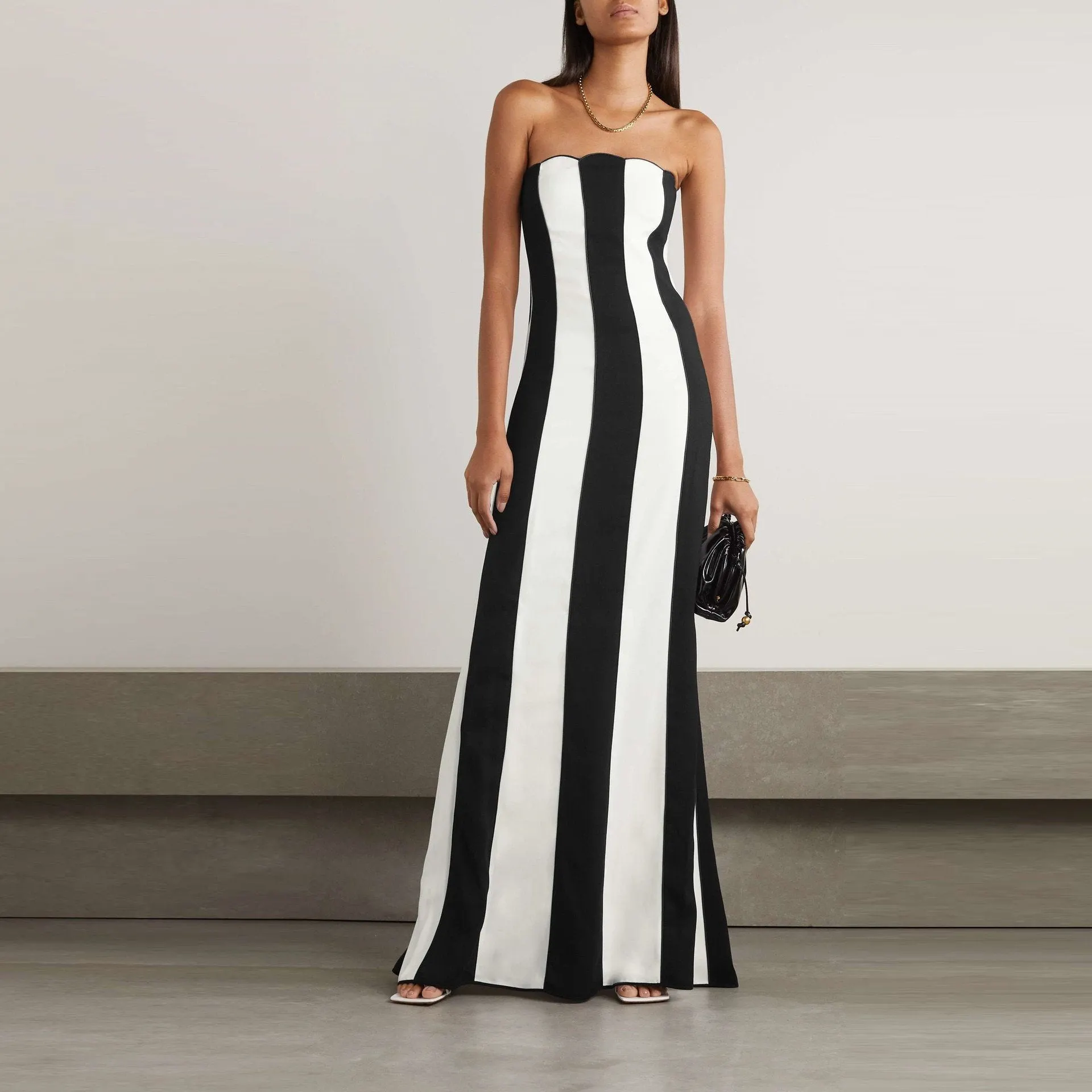 Maxct Strapless Bandage Dress Women's Hepburn Chest Wrap Skirt Black And White Striped High-end Banquet Dress Daily Wear