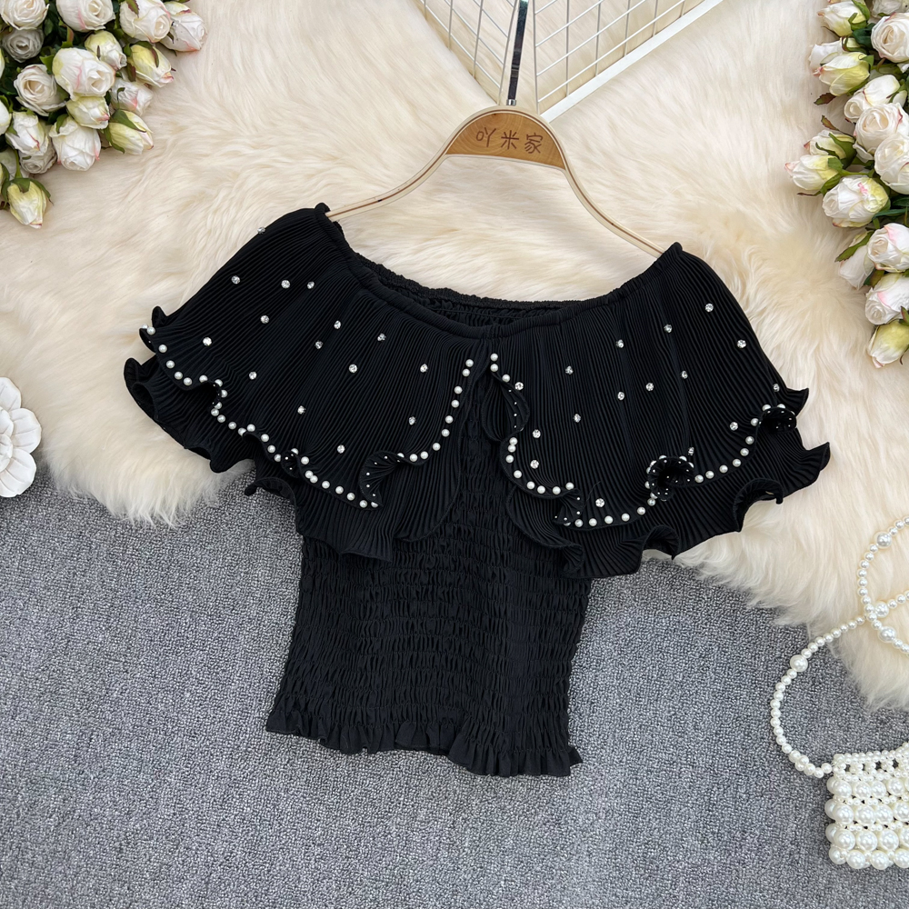 Maxct Sweet Cropped T-shirt Women Beading Ruffles Slash Neck Crop Tops Girls High Stretchy Fashon Tee Shirts