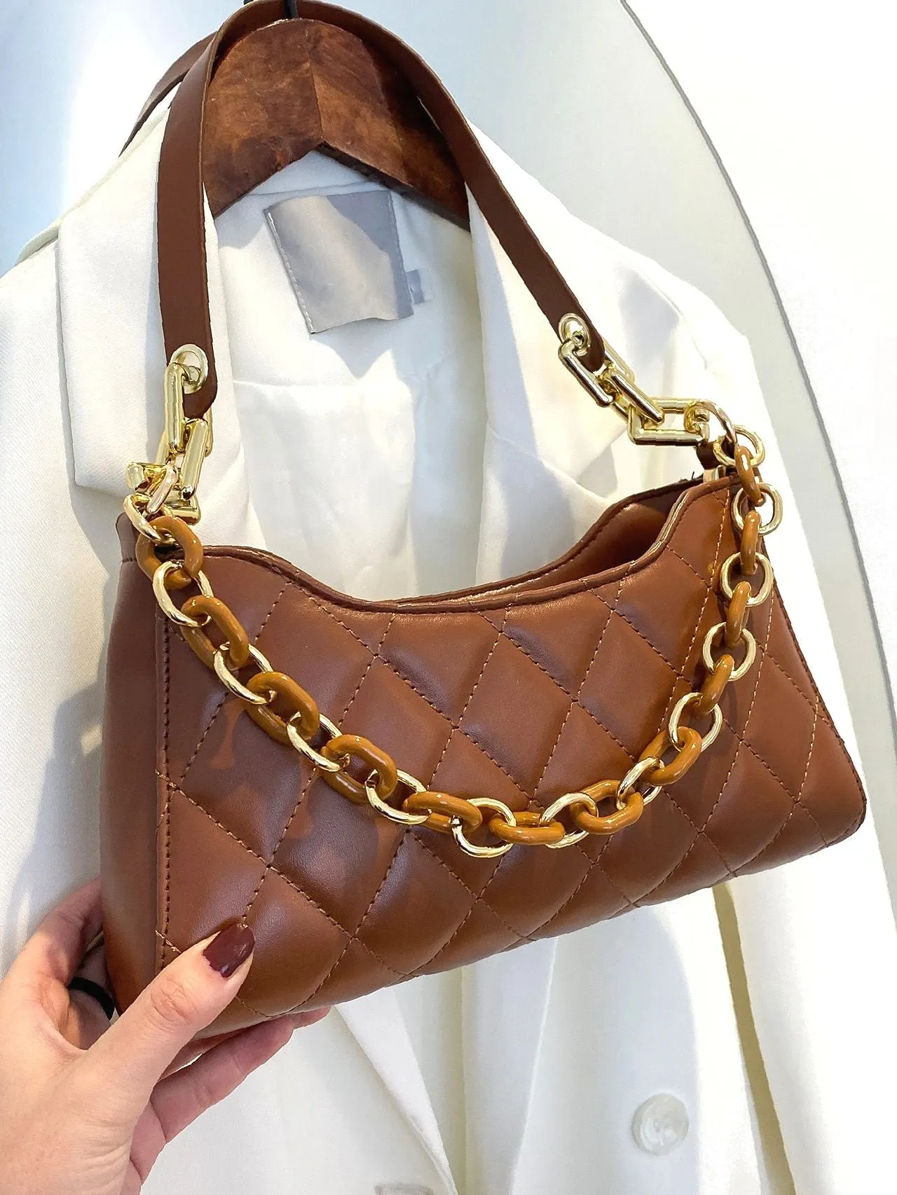 Bag For Love - Minimalist Quilted Chain Baguette Bag  - Women Maxct Bags