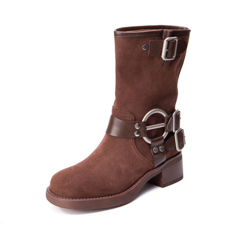 Suede Short Boots Buckle Boots Big Round Toe Maxct