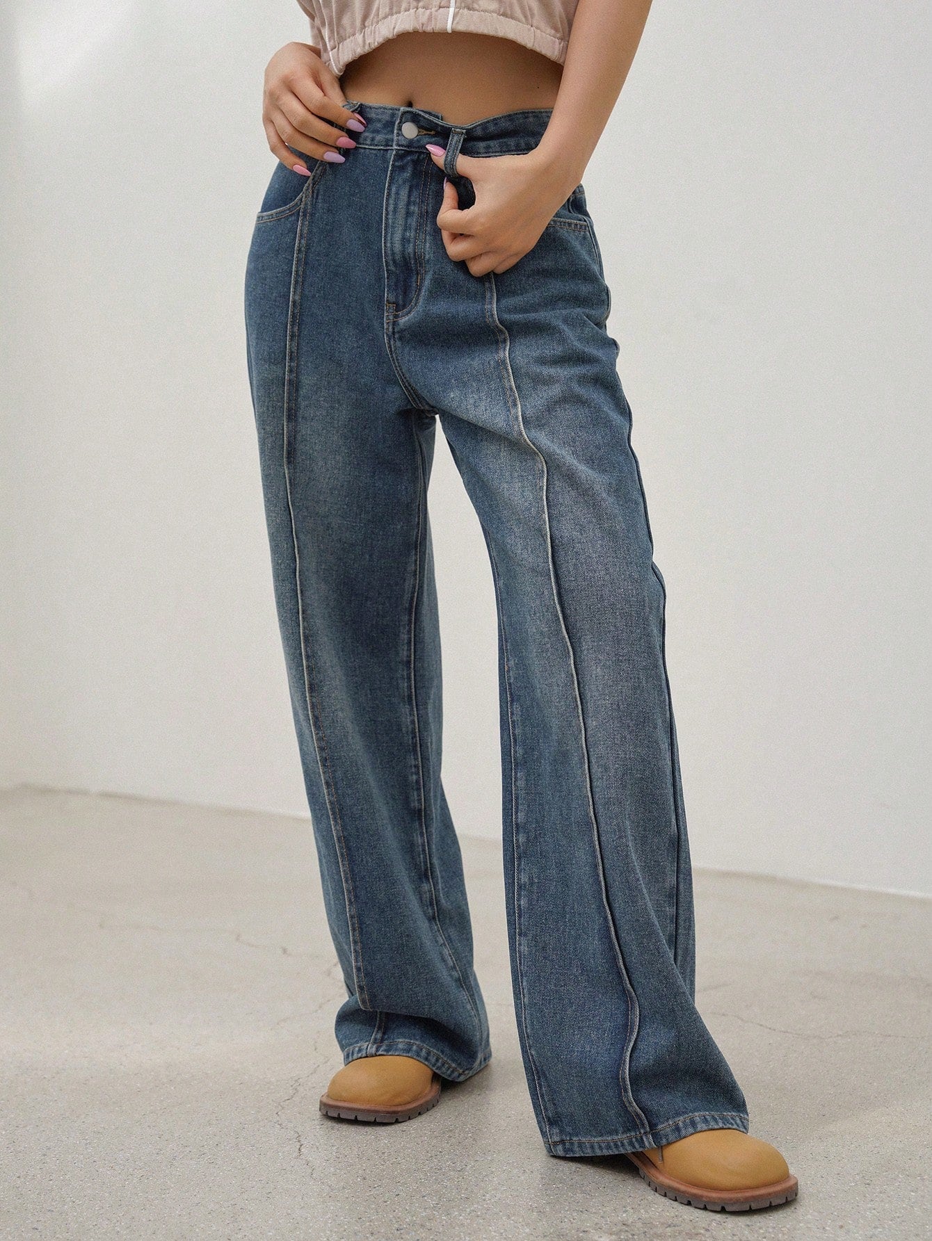 Maxct Women's Retro Washed Blue Denim Pants With Artistic Patchwork Design