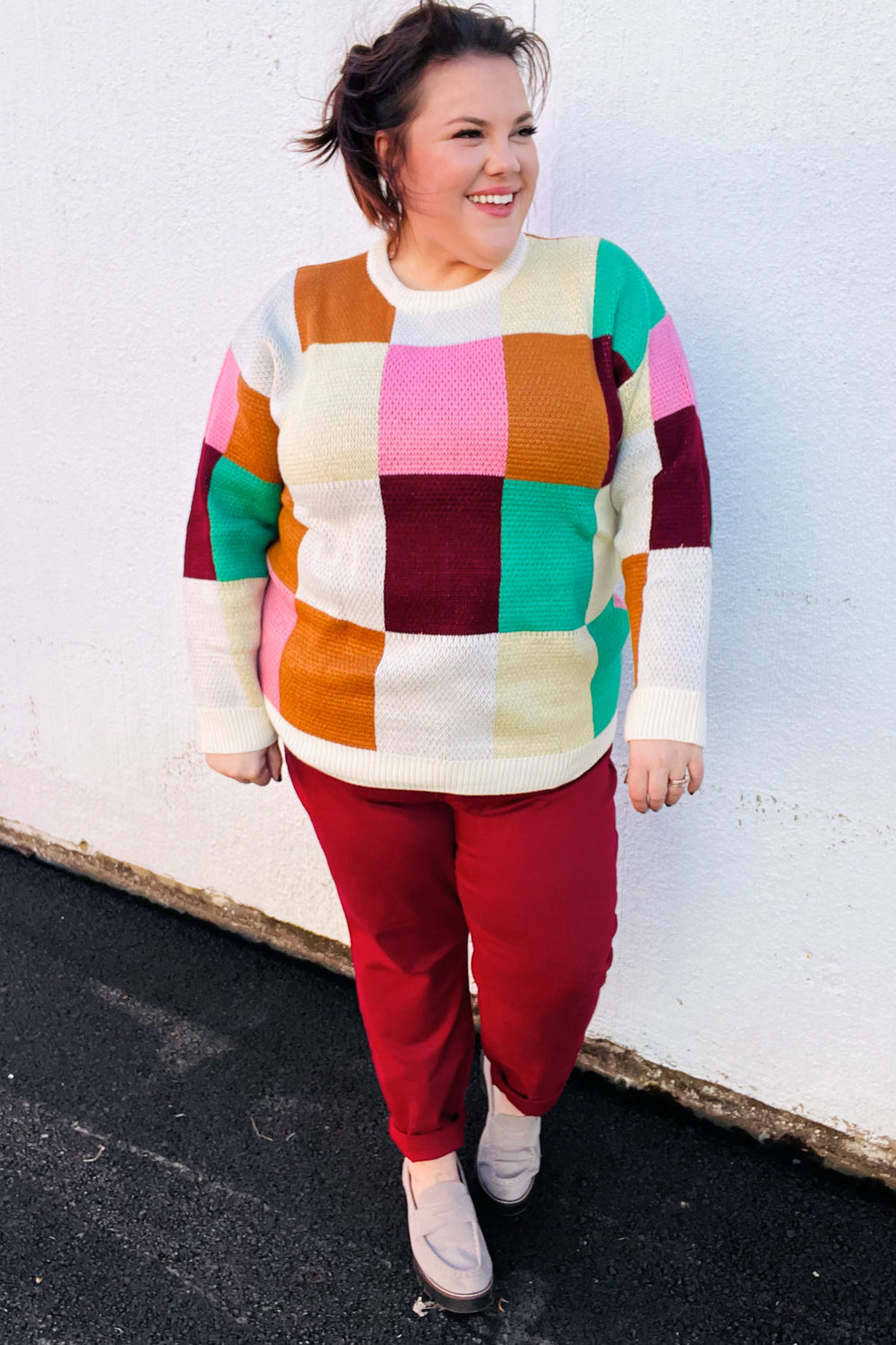 Maxct &Adorable Ivory & Camel Checker Jacquard Knit Sweater
