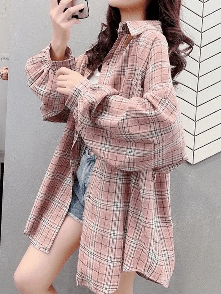 Maxct Checkered Baggy Long Sleeve Button Blouse