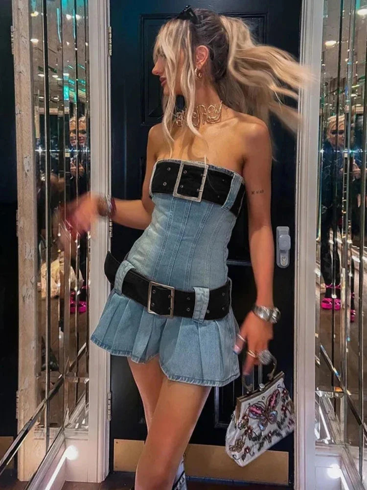 Vintage Y2k Strapless Denim Dress Bodycon Korean Kpop Belt Pleated Mini Dress 2000s Streetwear Maxct