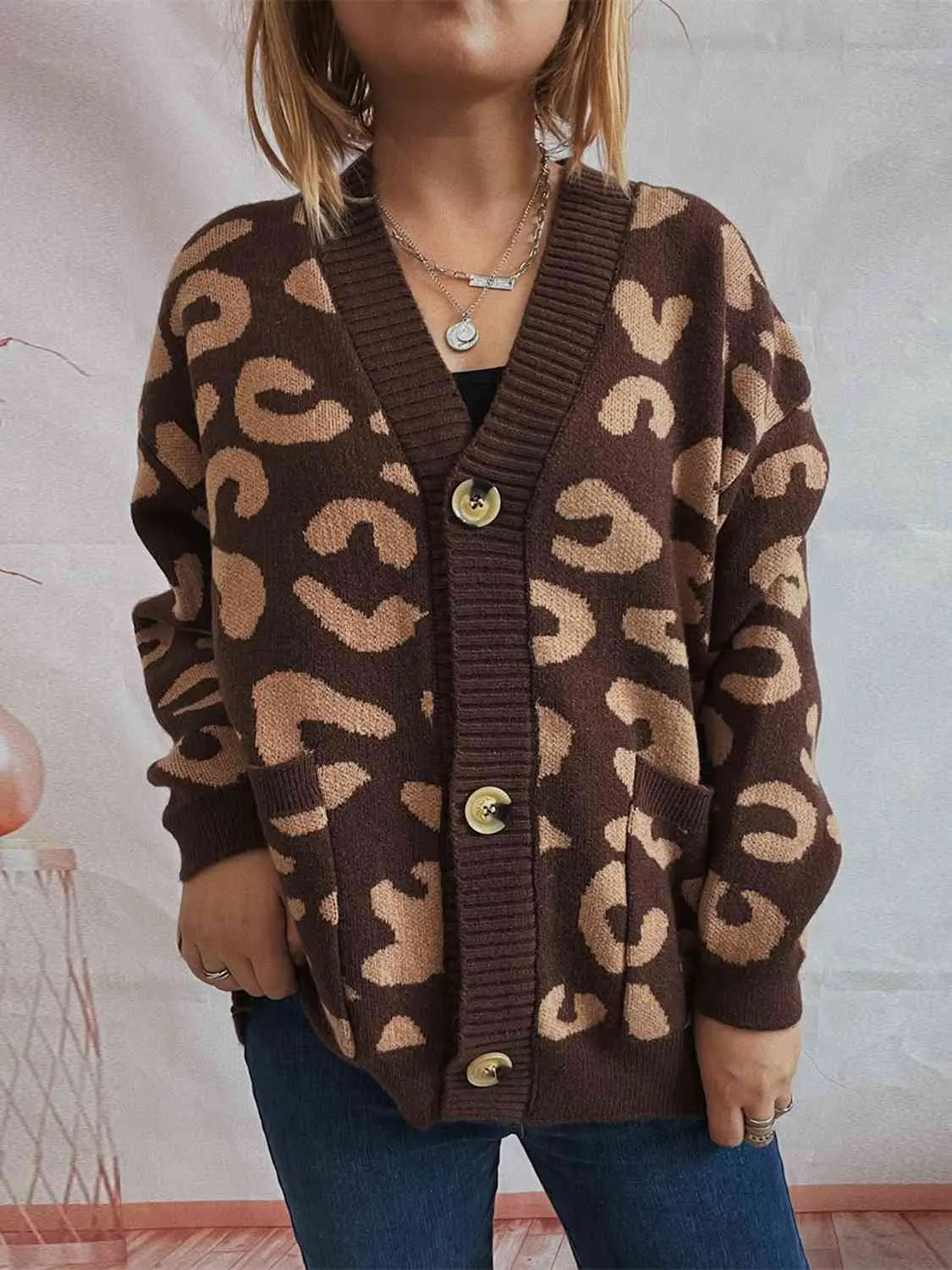 Maxct &Leopard Button Front Cardigan with Pockets