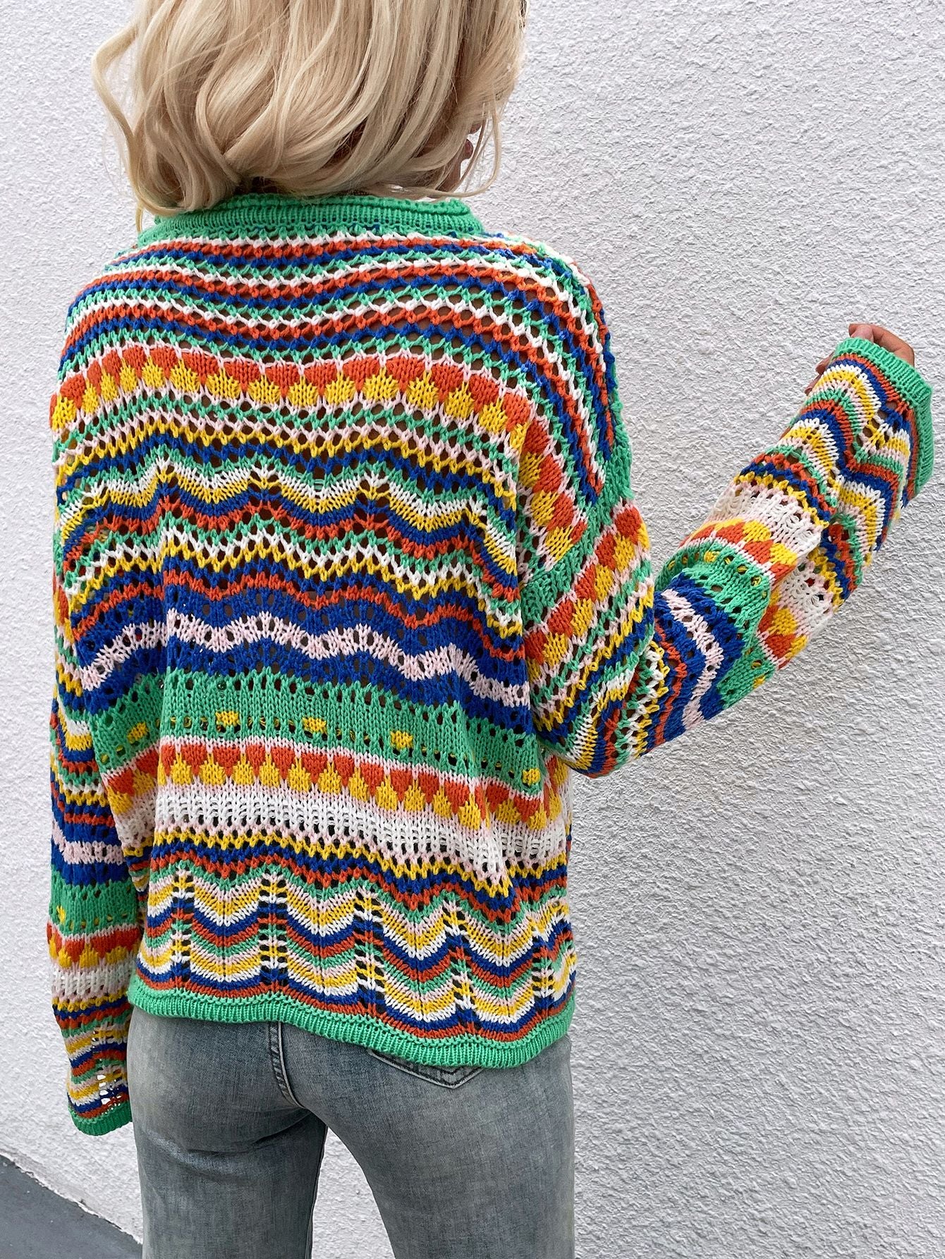 Maxct &Rainbow Stripe Openwork Flare Sleeve Knit Top