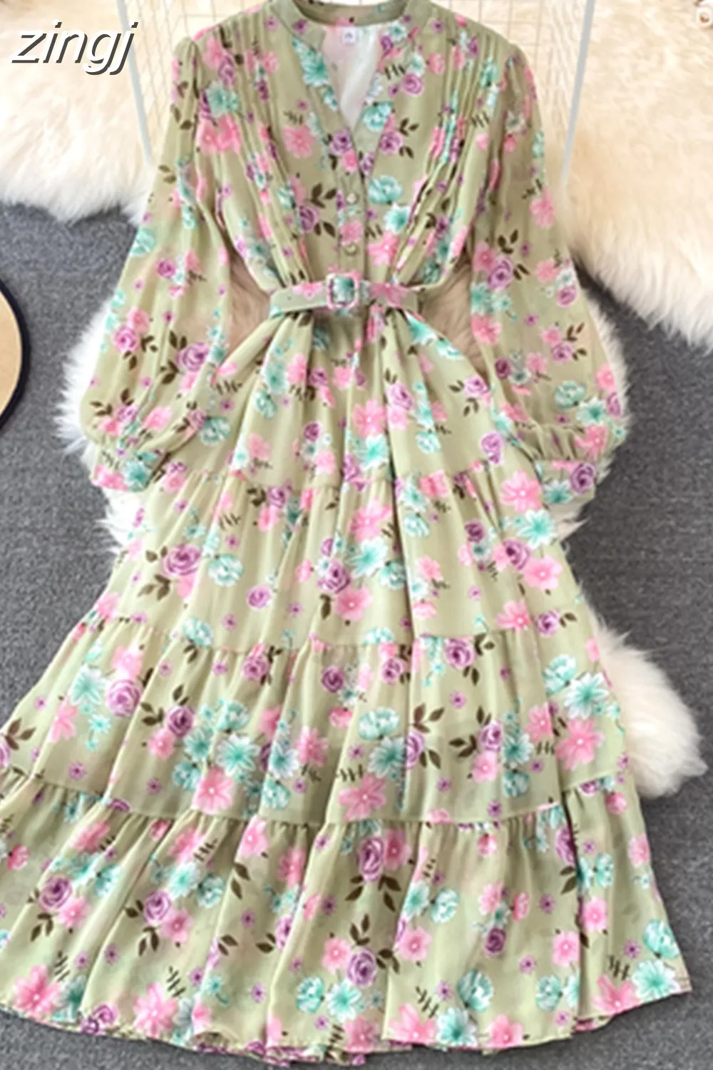 Maxct Floral Midi Dress Women Elegant V-Neck Lantern Long Sleeve High Waist Draped A-Line Casual Vestidos Female Spring Autumn