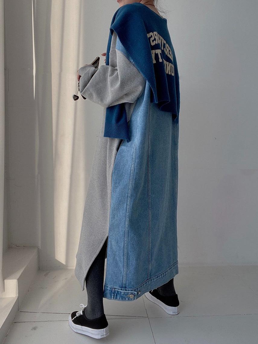 Maxct Simple Letter Print Denim Splt-joint Long Sleeve Sweatshirt Dress