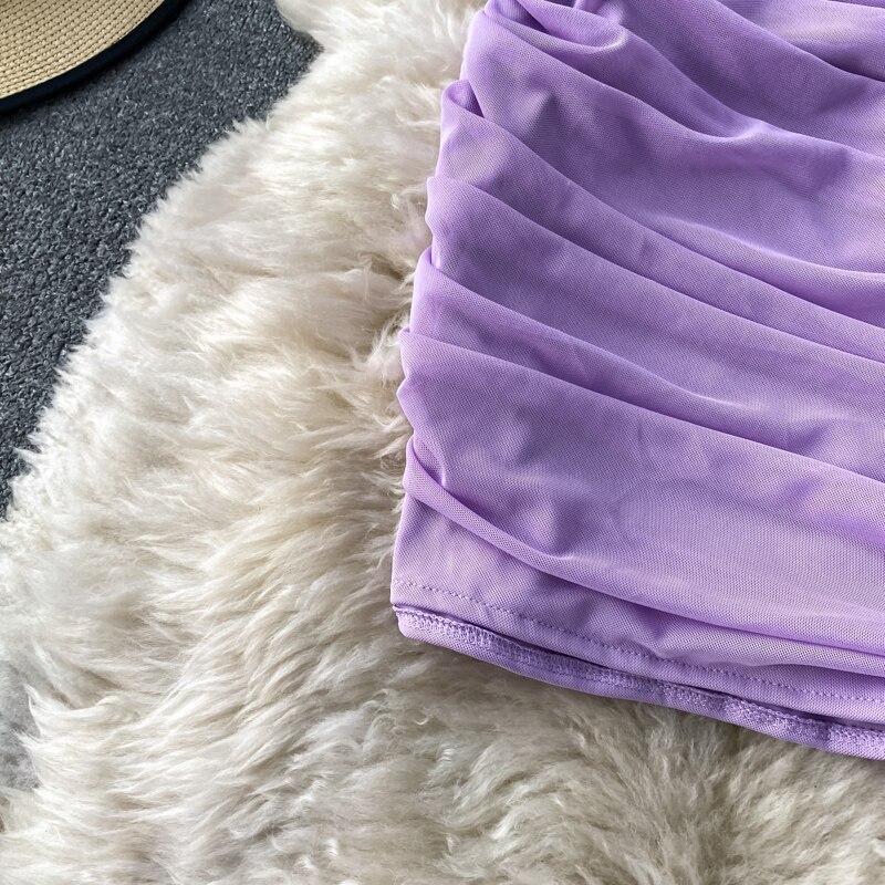 Sexy Mesh Draped Bodycon Dress Women Elegant Square Collar Short Puff Sleeve Pleated Vestidos Female Summer