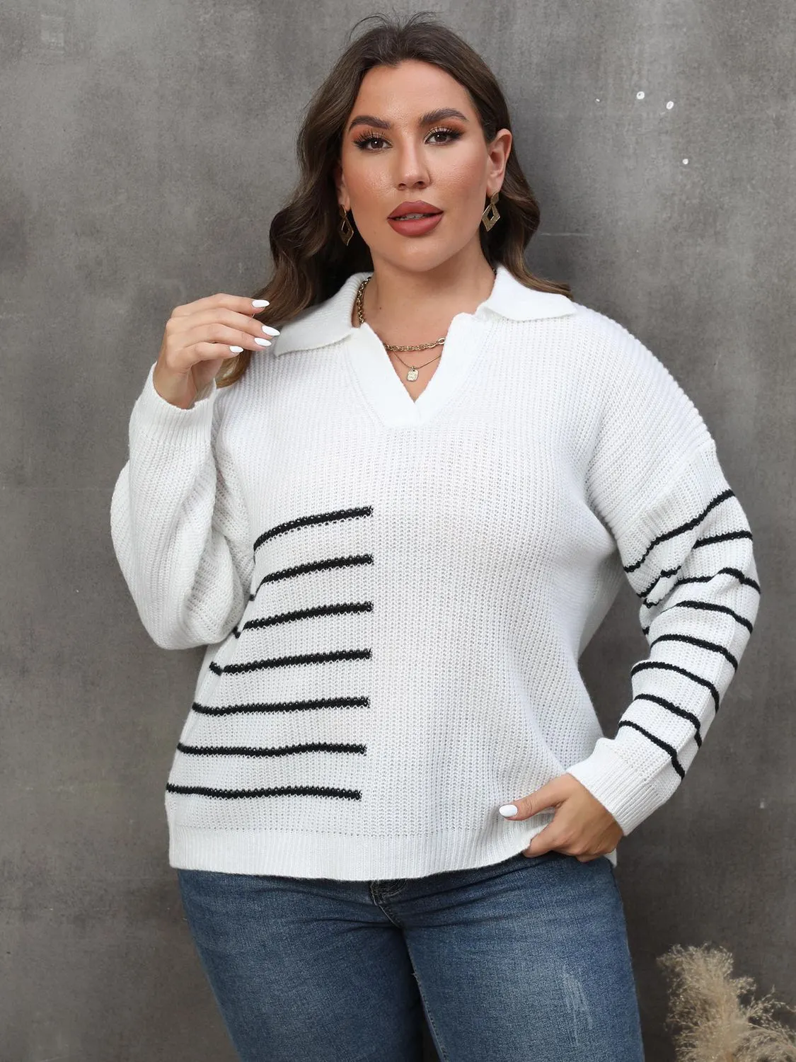 Maxct &Plus Size Striped V-Neck Sweater