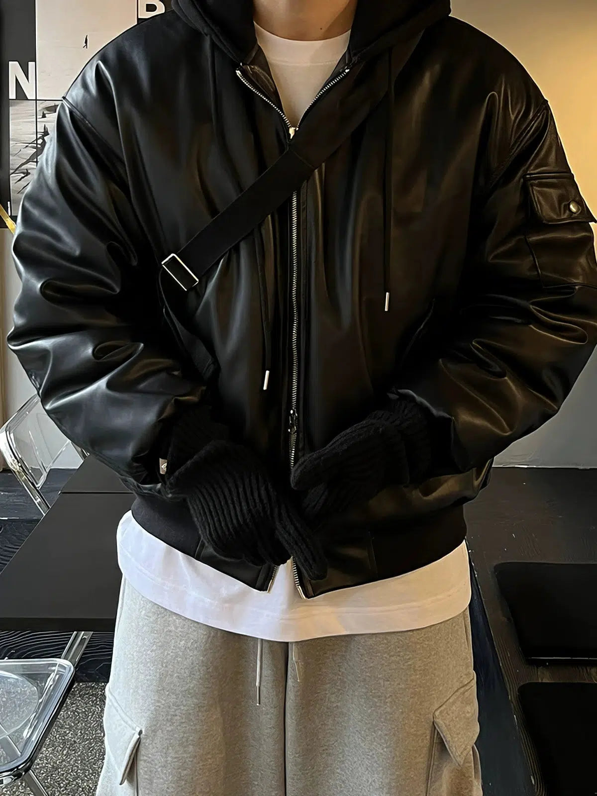 Maxct Two-piece Hooded PU Leather Jacket