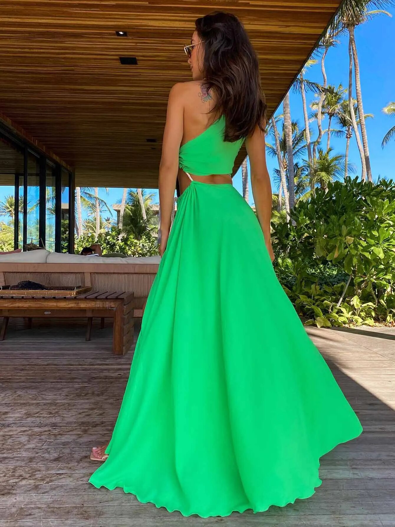 Maxct Fashion One Shoulder Green Long Dress Women Hollow Out Bodycon Summer Beach Dresses Side Split Wedding Party Vestidos Mujer