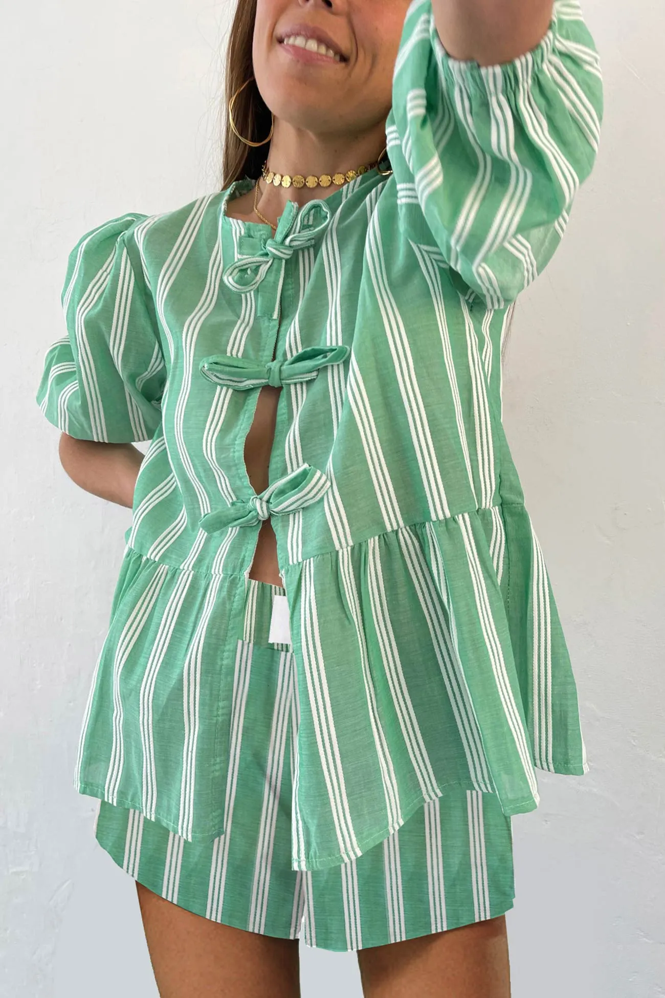 Maxct Contrast Striped Tie-up Blouse Suits