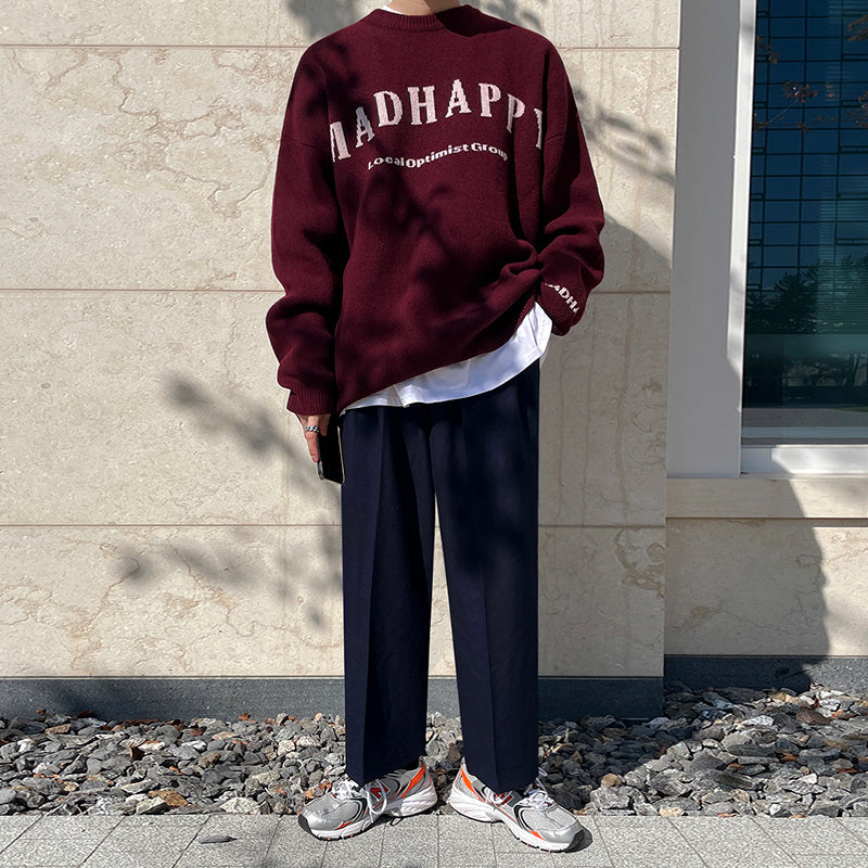 Maxct 5574 Claret Red Knitted Lettered Crewneck Sweater