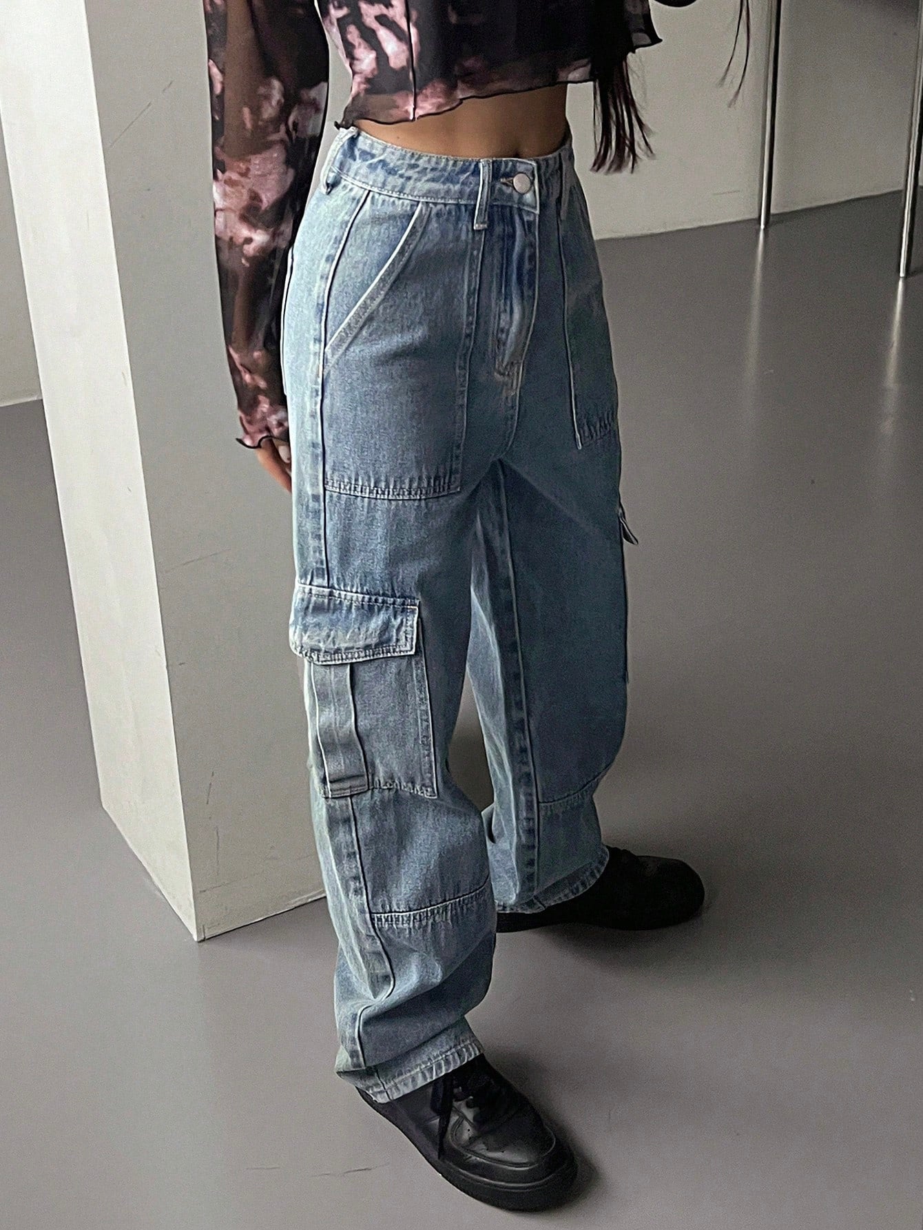 Maxct Women's Workwear Pocket Wide Leg Loose Casual Denim Pants