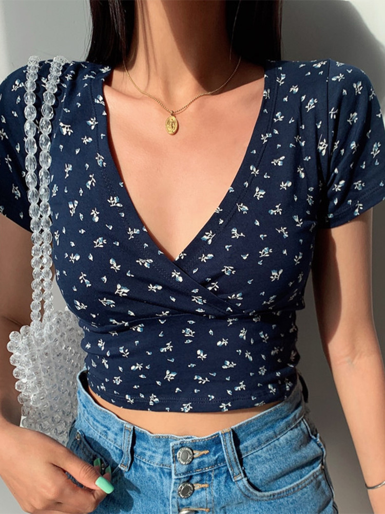 Maxct French retro floral V-neck short-sleeved T-shirt Slim slimming wild high waist T-shirt women's top