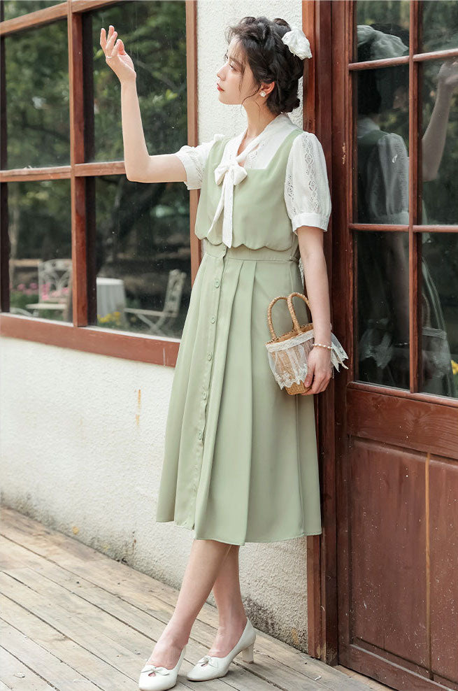 Button Up Tie Neck Twofer Midi Dress Maxct
