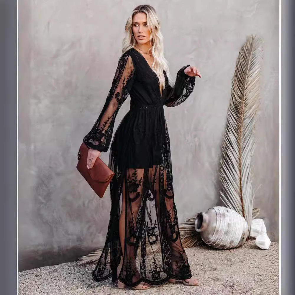 Maxct harajuku dress to impress Spring and Summer Women's Lace Long Dress V-neck Solid Color Chiffon Summer Dress