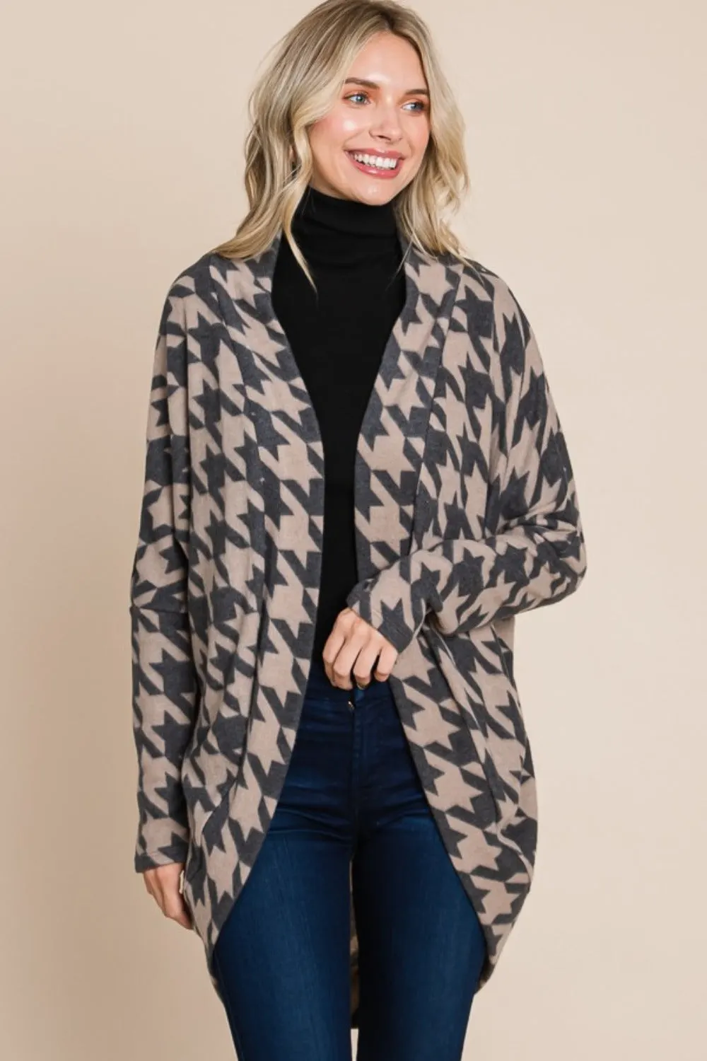 Maxct &BOMBOM Houndstooth Open Front Cocoon Knit Cardigan