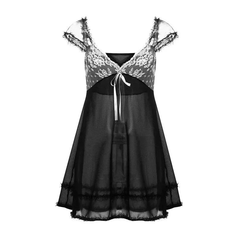 Kawaii Lace Patchwork Dress y2k V Neck Sleeveless A-line Mini Dresses with Bow 2000s Fairycore Grunge Dresses Maxct