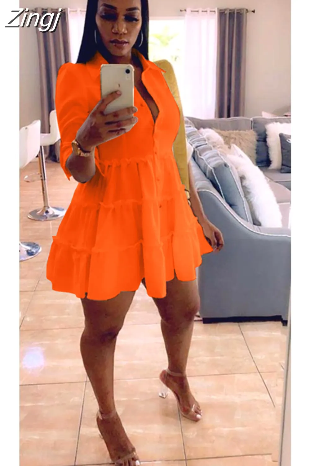 Maxct Solid Ruffles Shirt Dress Women Streetwear Half Sleeve Buttons Up High Waist Mini Dress Summer Casual Party Dresses