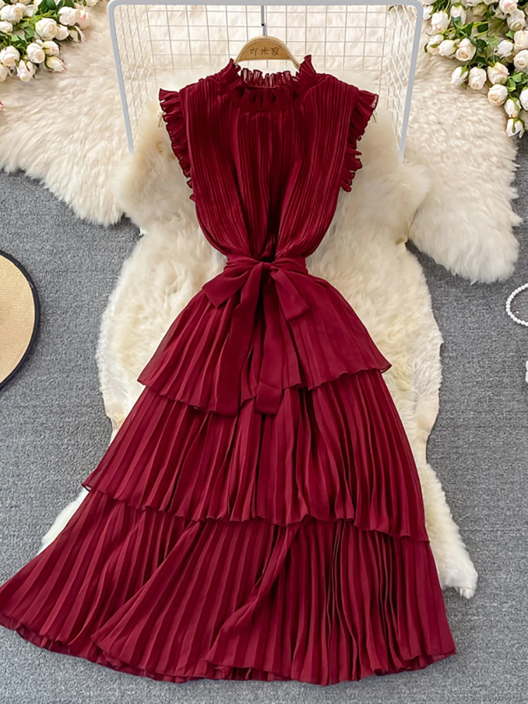 Maxct Women Purple/Pink/Green Draped Dress Vintage Ruffle Stand Collar Sleeveless High Waist Party Pleated Vestidos Female New