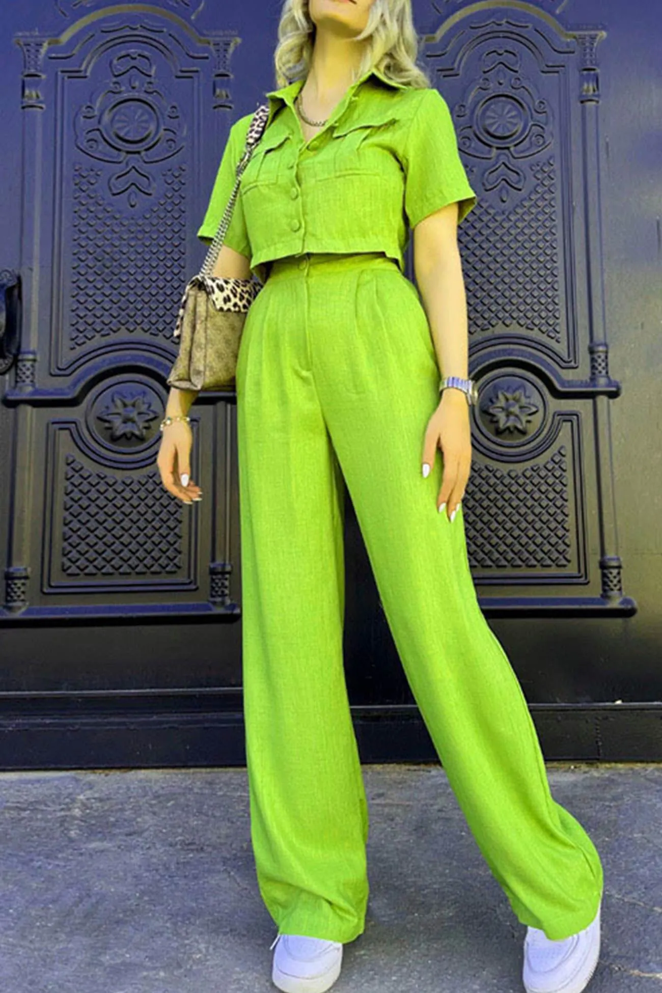 Maxct Solid Crop Blouse Long Pants Set