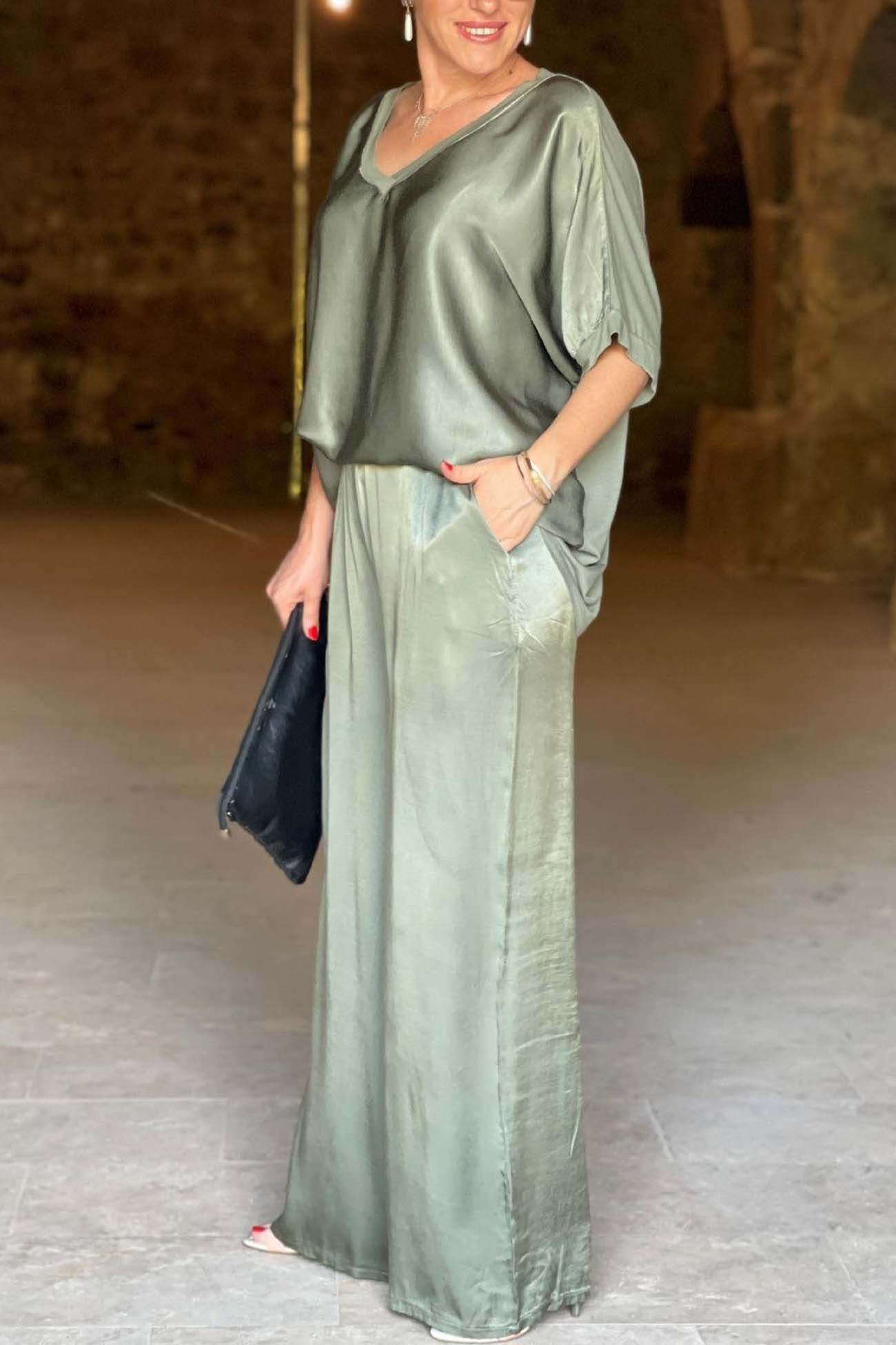 Maxct Satin V Neck Half Sleeve Long Pant Set