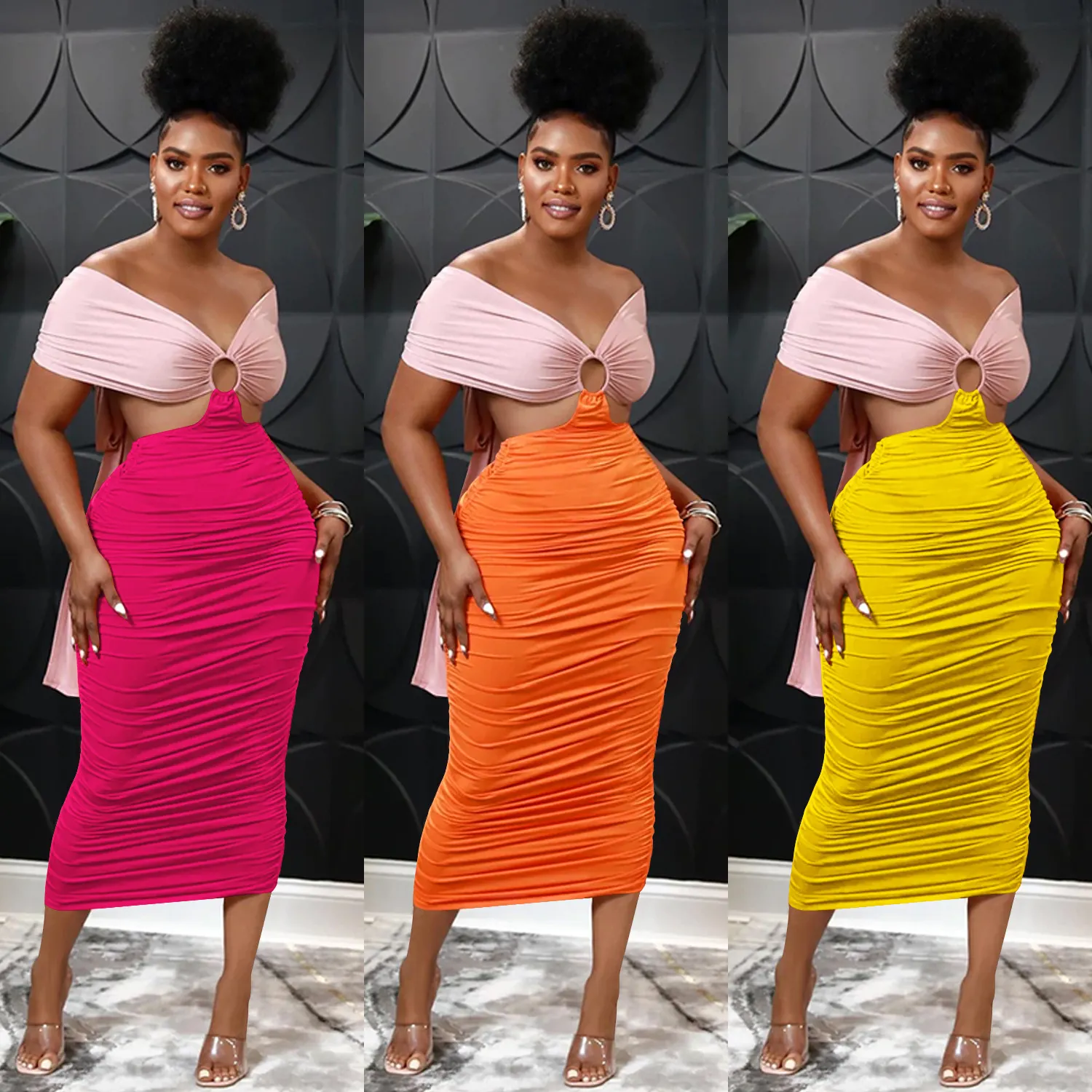 Maxct Maxct Fashion Women's Casual Tight Back Hollow Out Pleated Dress Women's Wear