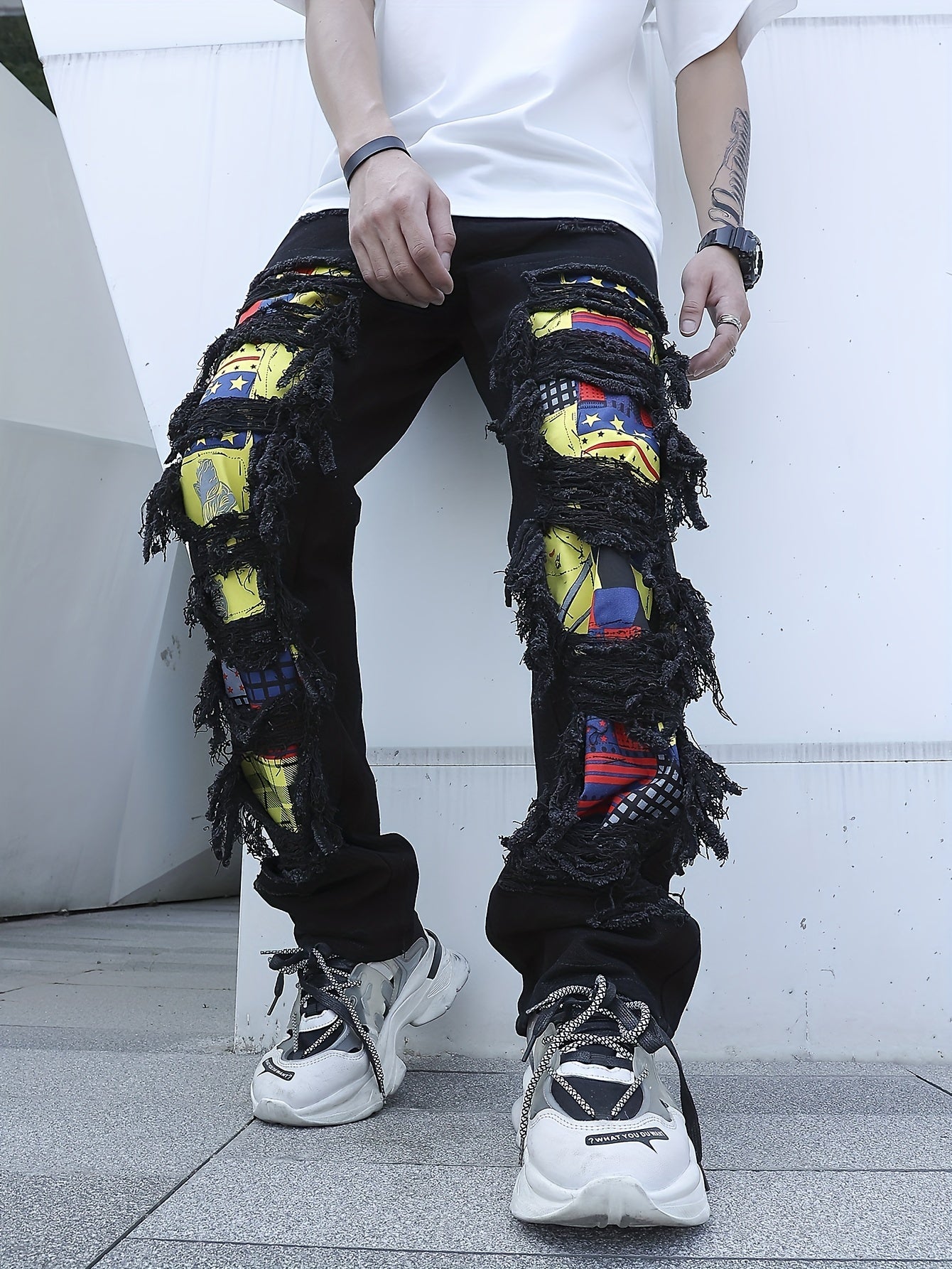 Maxct  Loose Fit Patchwork Jeans, Men's Casual Street Style Wide Leg Pants With Creative Tassels
