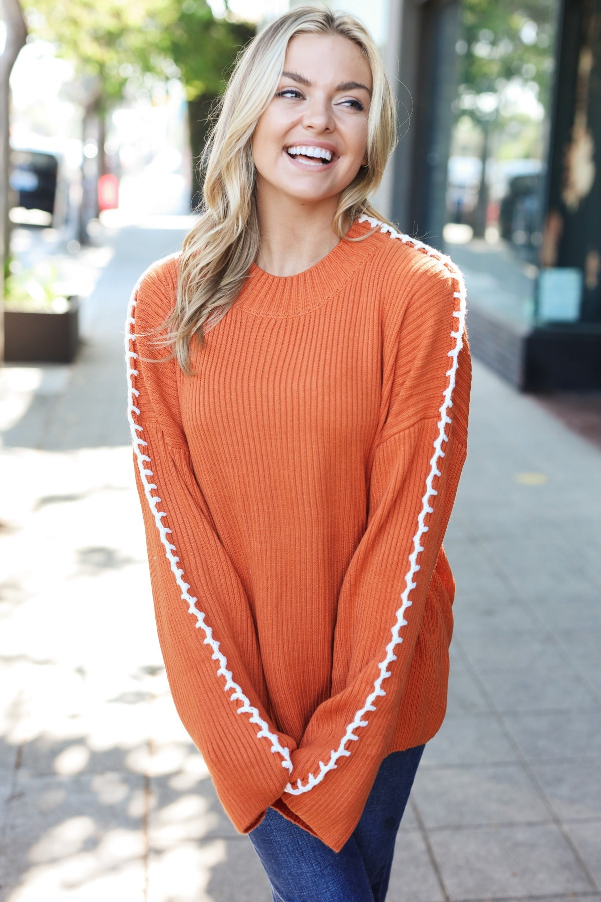 Maxct &Fall Vibes Rust Rib Knit Large Stitch Oversized Sweater