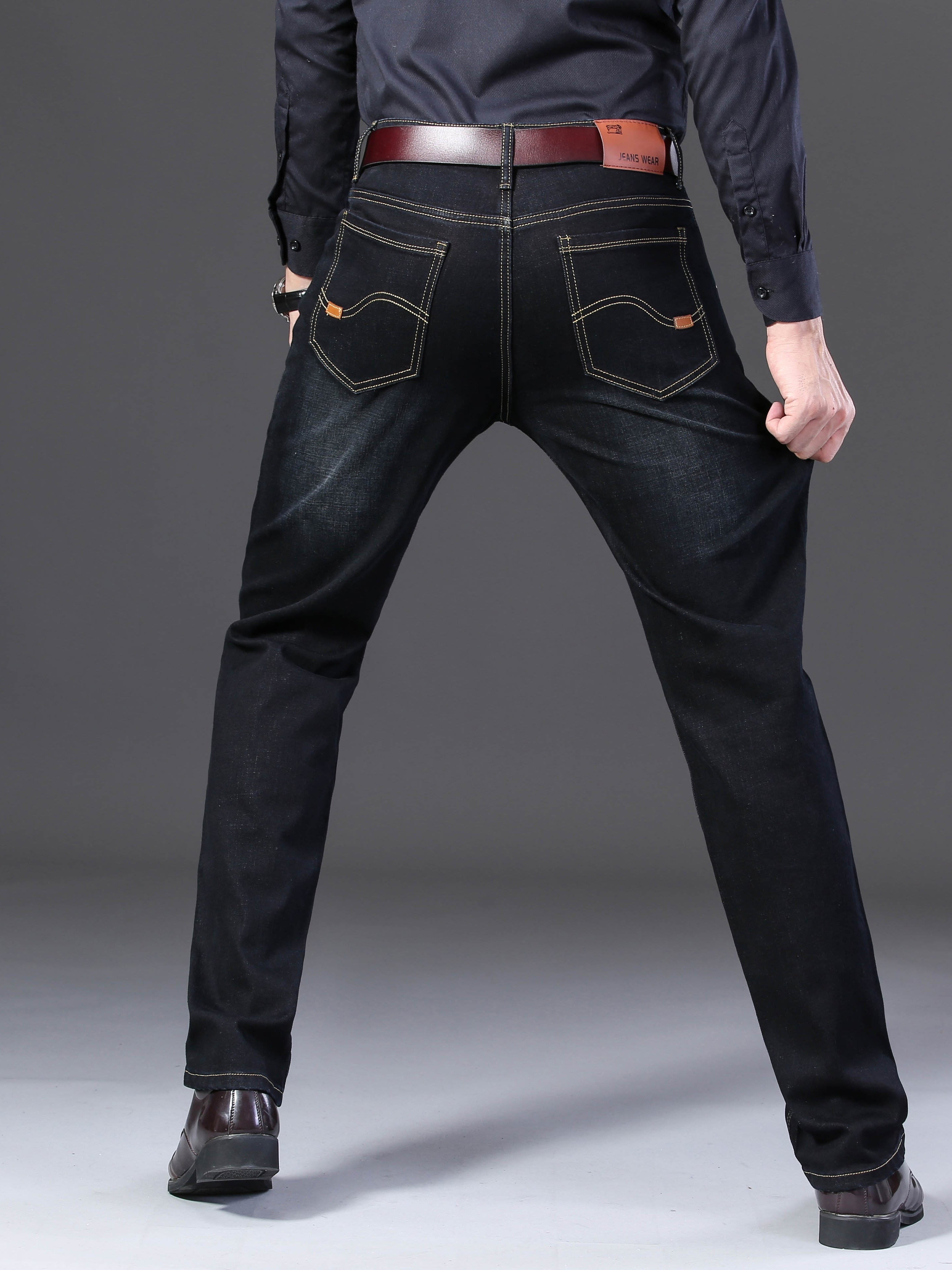 Maxct  Men's Straight Leg Slim Stretch Retro Jeans Mid Waist Basic Zipper Wash Denim Pants