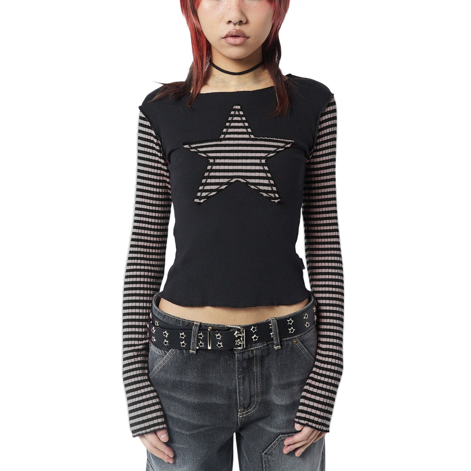 Maxct 90s streetwear Y2K Star Striped Sweet Cool Women's Long Sleeve Striped Stitching T-shirt Five-Pointed Star Embroidered Casual Top 3324