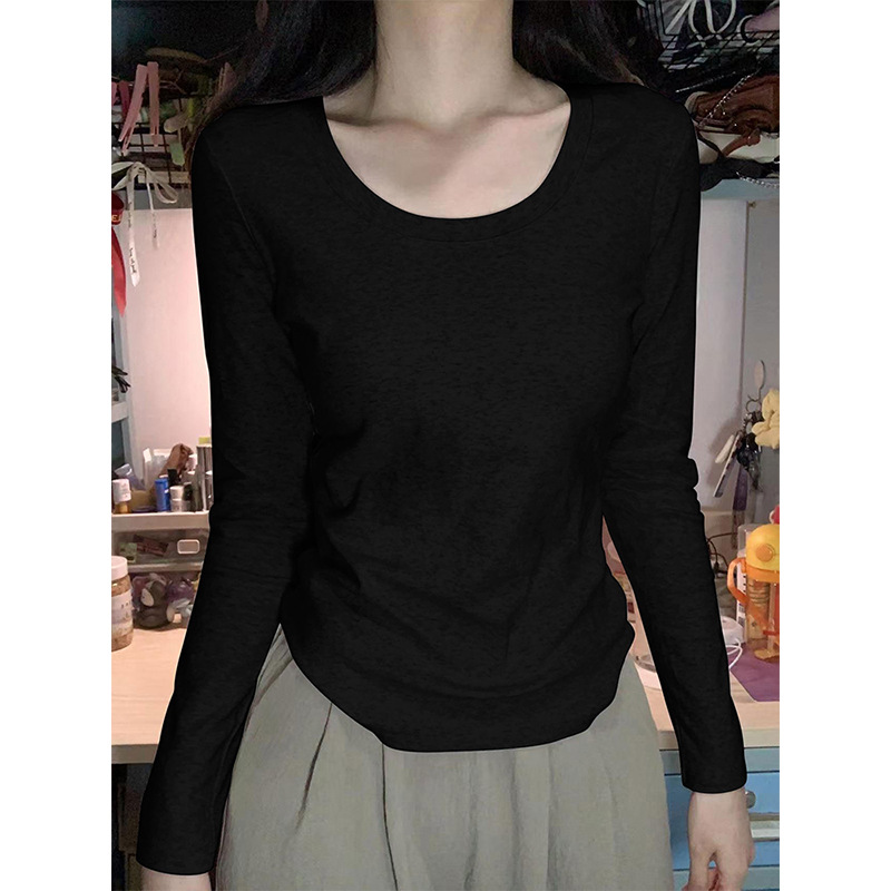 Shoulder T-Shirt Women's Spring and Autumn Outer Wearing Tight Waist Slim-Fit Pure Cotton Winter Inner Base Shirt New Long Sleeve Top