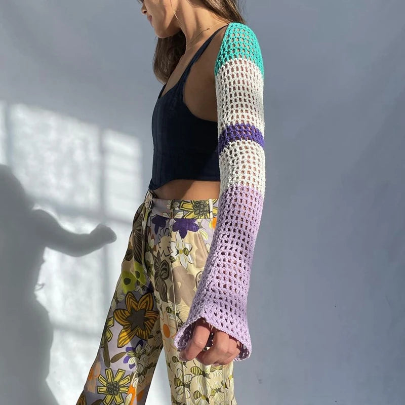 Maxct Sexy Crop Top Y2K Patchwork Crocheted Shawl Long Sleeves Mini Cover-ups Knitted Hollow Out T-shirt Women Fashion Streetwear