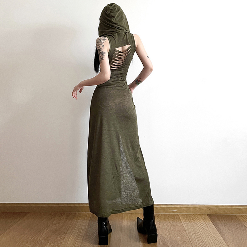Wasteland Punk Dress y2k Solid Color Sleeveless Hollow Out Back Side Slit Hooded Dress 2000s Grunge Party Dresses
