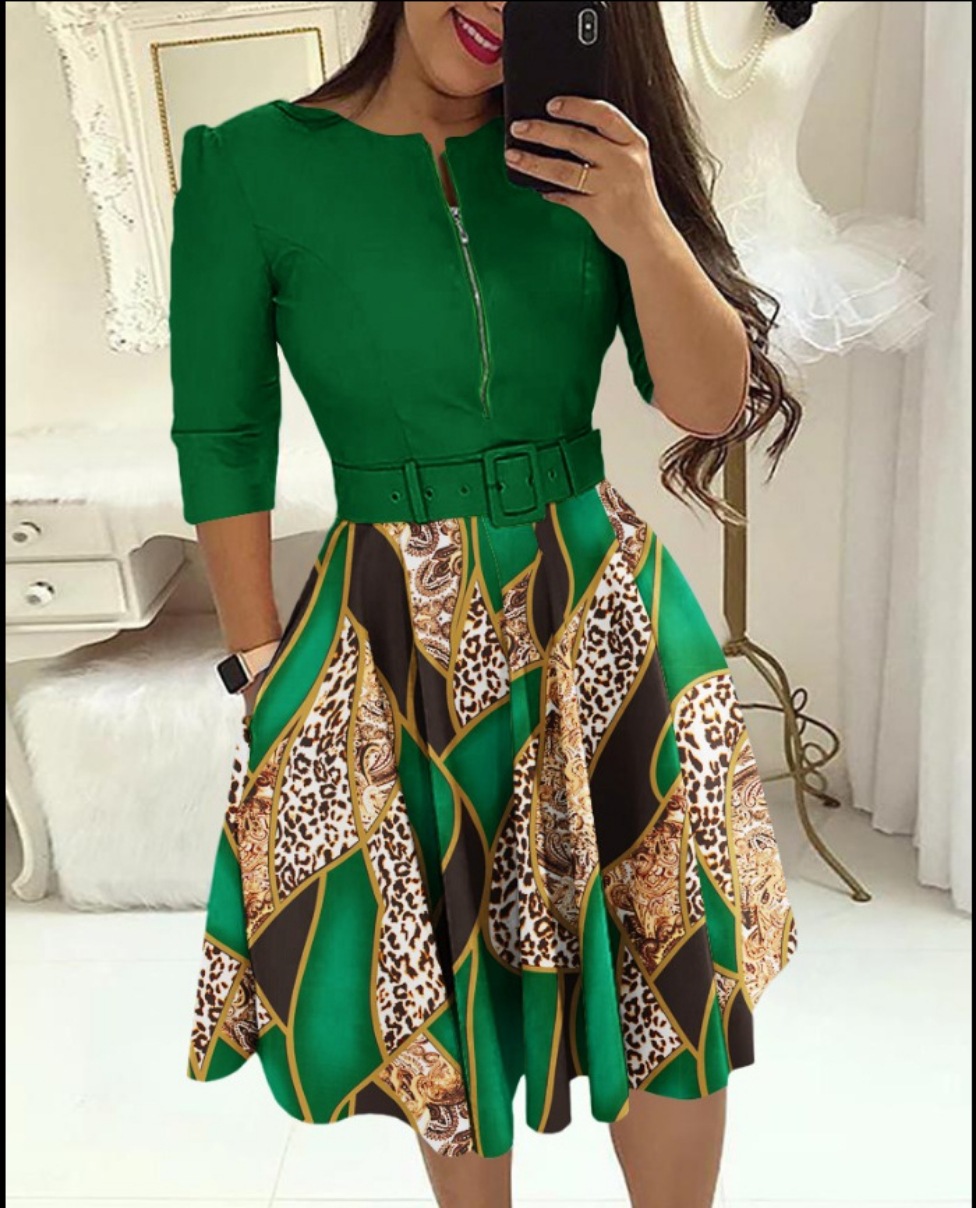 Women's Printed Belted Fit-and-Flare Dress