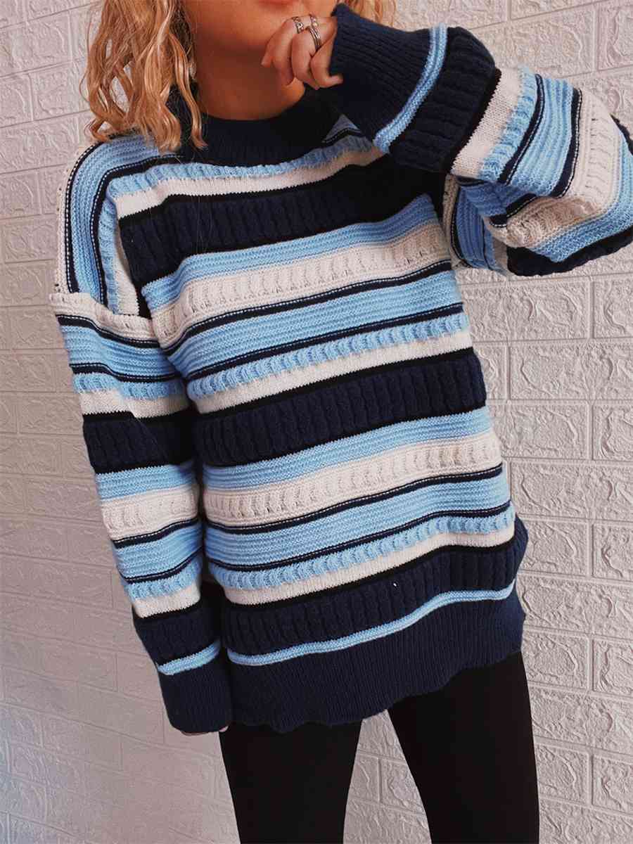 Maxct &Striped Drop Shoulder Round Neck Sweater