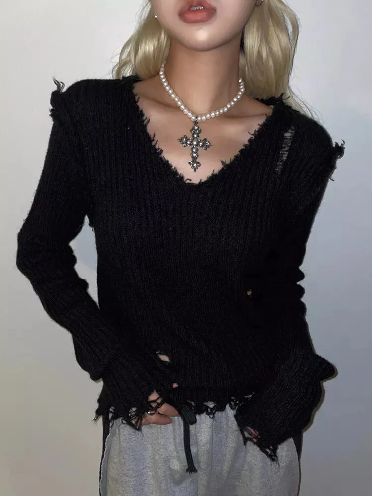 Maxct 2024 Fall Fashion Ribbed Tattered V Neck Sweater