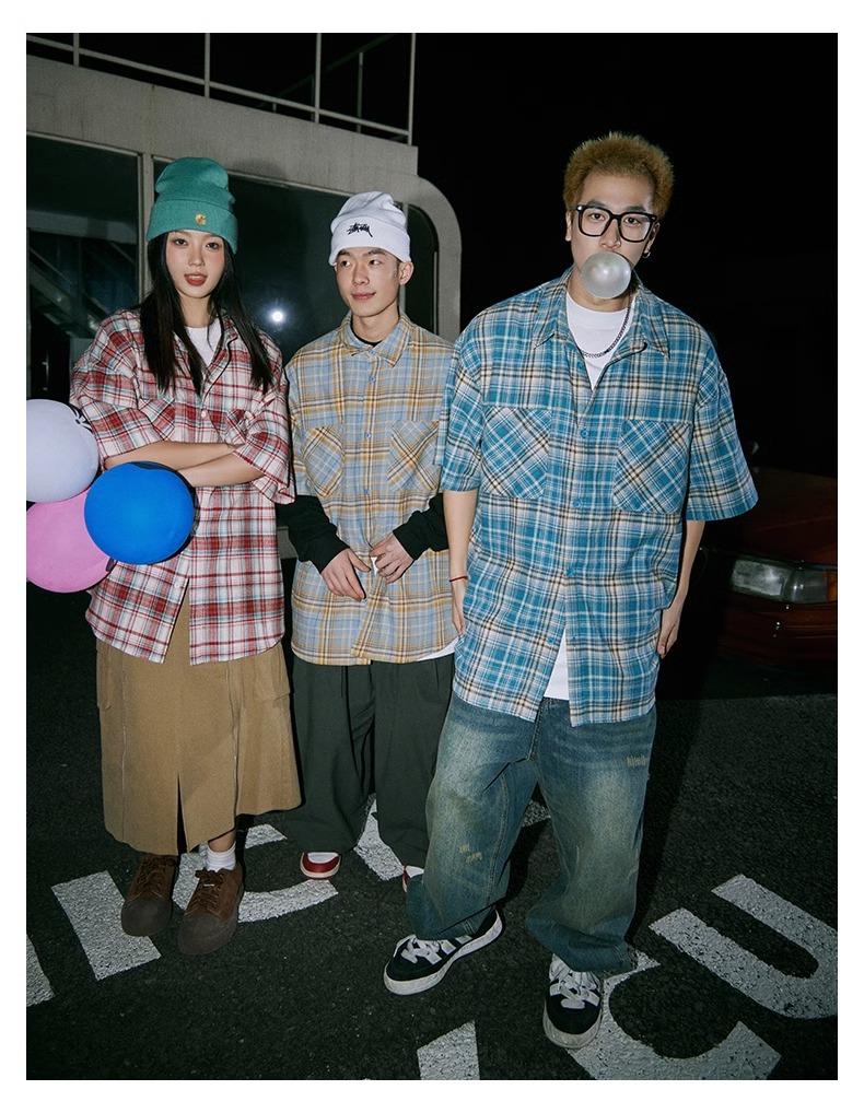 Maxct 90s Streetwear Japanese Niche Plaid Short-sleeved Shirt Men's Summer New Loose Trendy Brand All-match Shirt Couple's Coat Top